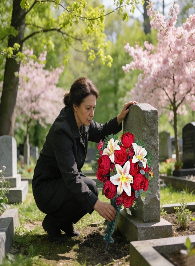 HENOMO Artificial Cemetery Flowers for Grave Vase， Headstone Silk Flower Arrangement, Graveside Decoration- Vibrant Red Camellia Rose Lily Mix Bouquet, Tombstone Memorial Flowers - Image 5