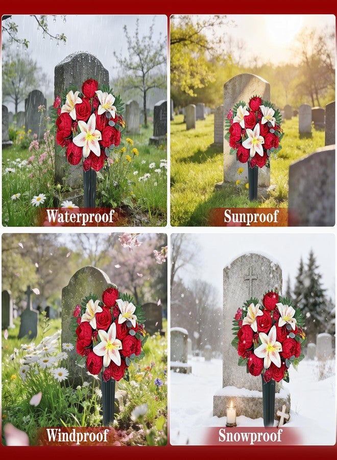 HENOMO Artificial Cemetery Flowers for Grave Vase， Headstone Silk Flower Arrangement, Graveside Decoration- Vibrant Red Camellia Rose Lily Mix Bouquet, Tombstone Memorial Flowers - Image 4