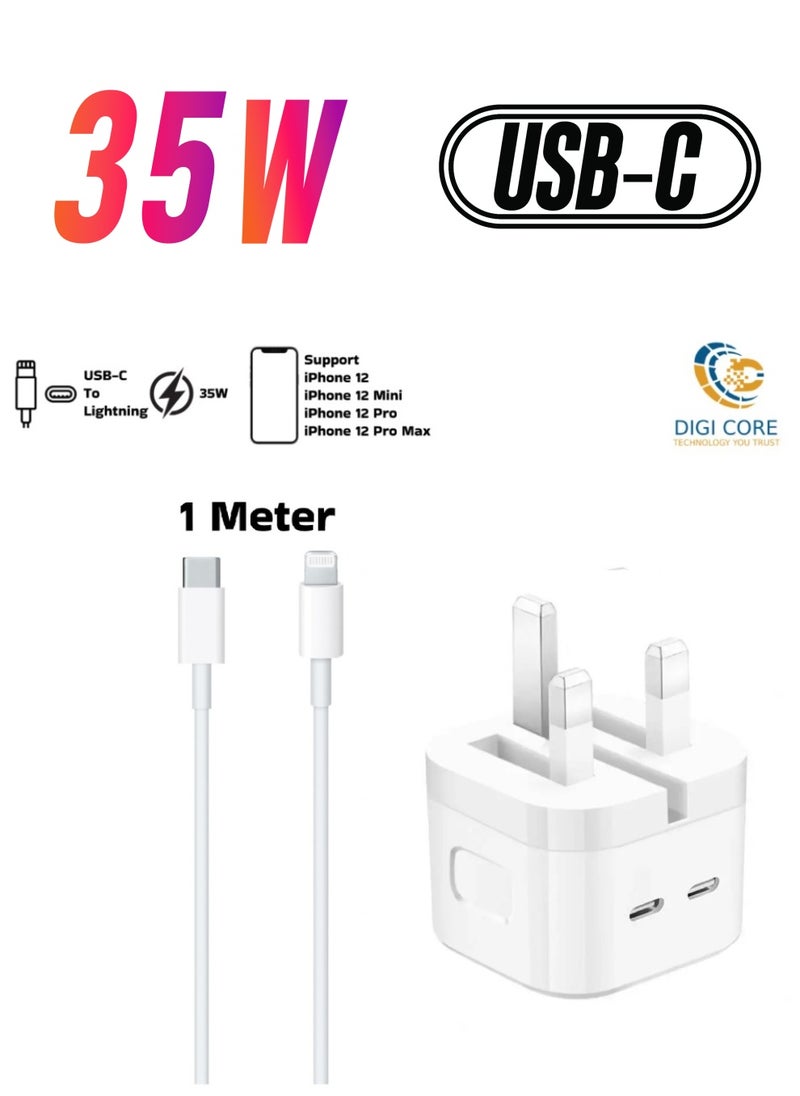 DIGI CORE - iPhone Charger 35W USB-C Dual Port Power Adapter Fast Charger With Type-C To Lightning Cable 1 Meter White Support iPhone 12 Series - Image 1