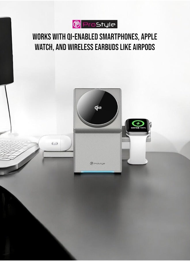 Prostyle 3-in-1 Wireless Charger MagSafe, Foldable Fast Charger Compatible with iPhone 16/15/14, Apple Watch Series 1-8/Ultra, and AirPods Pro - Grey  - Image 5