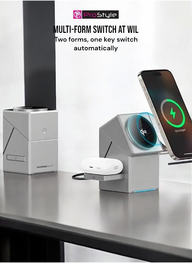 Prostyle 3-in-1 Wireless Charger MagSafe, Foldable Fast Charger Compatible with iPhone 16/15/14, Apple Watch Series 1-8/Ultra, and AirPods Pro - Grey  - Image 3