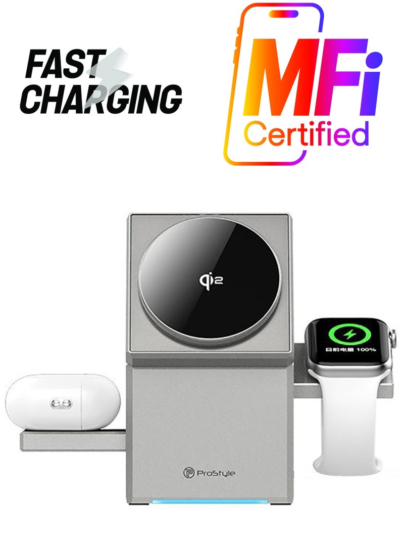 Prostyle 3-in-1 Wireless Charger MagSafe, Foldable Fast Charger Compatible with iPhone 16/15/14, Apple Watch Series 1-8/Ultra, and AirPods Pro - Grey  - Image 1
