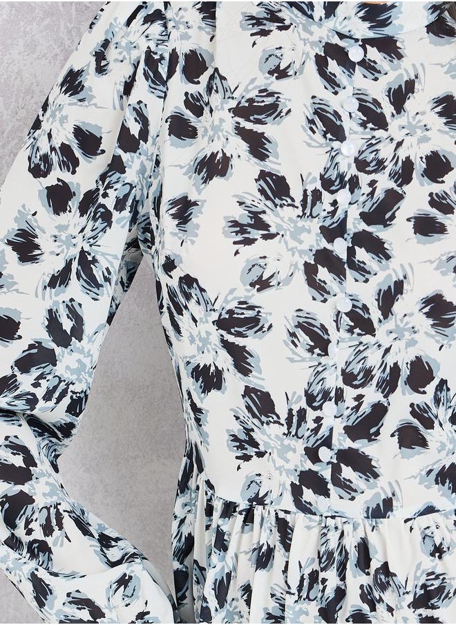Styli - Floral Print Long Sleeves A-Line Maxi Dress - Image 1