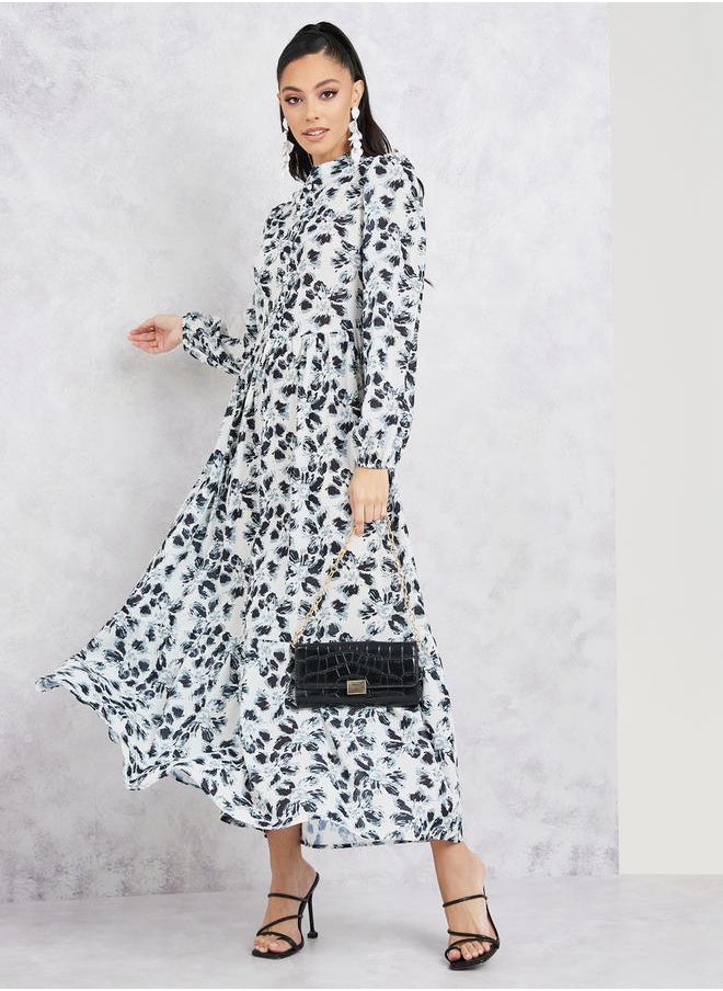 Styli - Floral Print Long Sleeves A-Line Maxi Dress - Image 1
