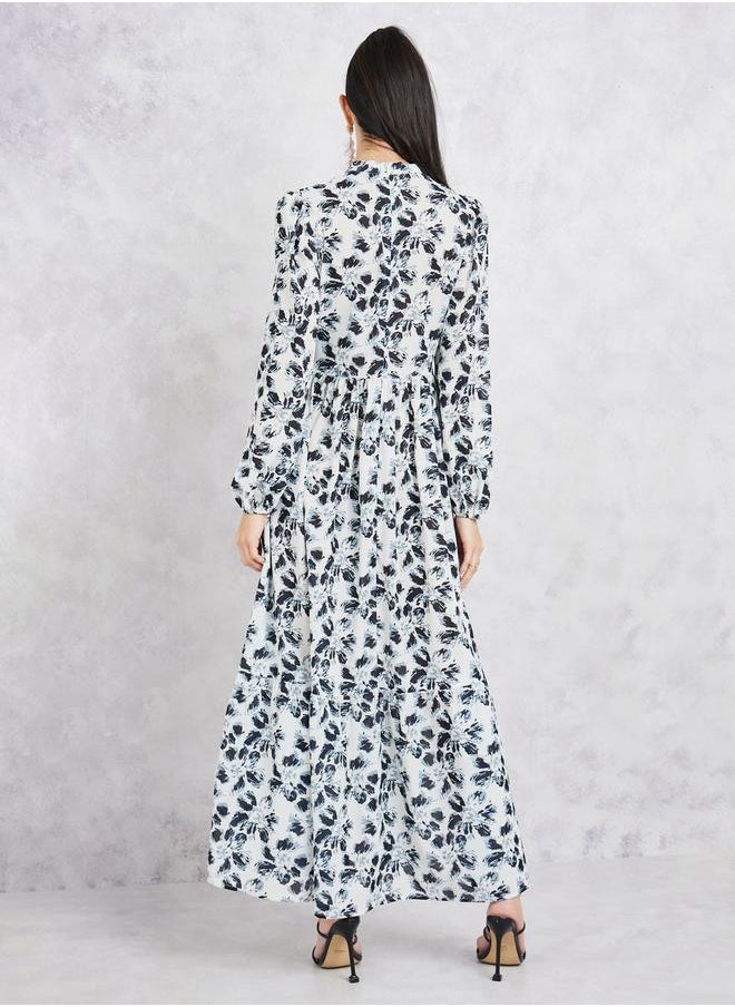 Styli - Floral Print Long Sleeves A-Line Maxi Dress - Image 1