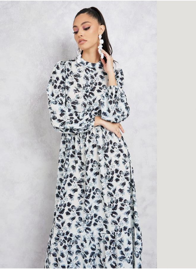 Styli - Floral Print Long Sleeves A-Line Maxi Dress - Image 1