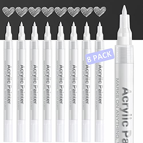 AKARUED White Paint Pen Acrylic Marker: 8 Pack 0.7mm White Paint Marker for Black Paper, Metal, Wood, Plastic, Ceramic, Metallic, Rock Painting, Drawing, Extra Fine Point, Ideal for Artist & Students - Image 1