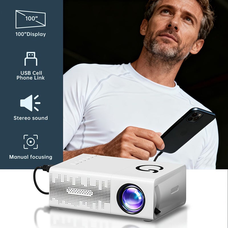 Mini Projector with 1080P Decoding Quick Focus Trapezoidal Correction 180 Degree Rotatable Built-in Speaker USB and Memory Card Support for Travel - Image 1