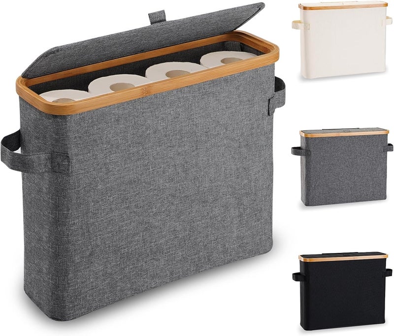 FuBegi Toilet Paper Storage Basket with Lid, Bamboo Toilet Paper Storage Holder Stand Organizer for Bathroom, Toilet Paper Storage Box Container with Handle, Tissue Holder Bin for RV Closet, Gray - Image 1