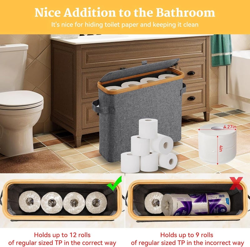 FuBegi Toilet Paper Storage Basket with Lid, Bamboo Toilet Paper Storage Holder Stand Organizer for Bathroom, Toilet Paper Storage Box Container with Handle, Tissue Holder Bin for RV Closet, Gray - Image 3