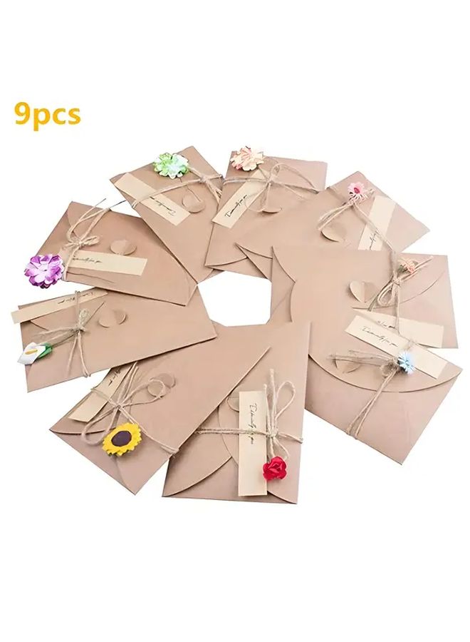 9pcs Handmade Vintage Kraft Greeting Cards With Paper Flowers Blank Note Set - Image 5