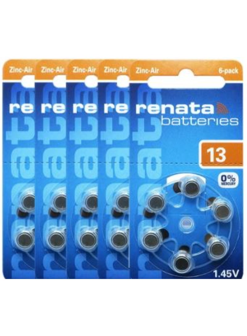 30-Pieces Renata (Size 13) Hearing Aid 1.45V Zinc-Air 0% Mercury Batteries