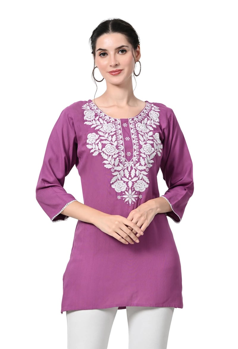 LIBOZA Store LIBOZA Kurti for Women - Short Chikankari Kurtis for Girls, Lakhnawi Tunic Top Kurta Design for Ladies, Woman Ethnic Kurthis & Shirt with Sleeve (Medium, Lavender) - Image 1