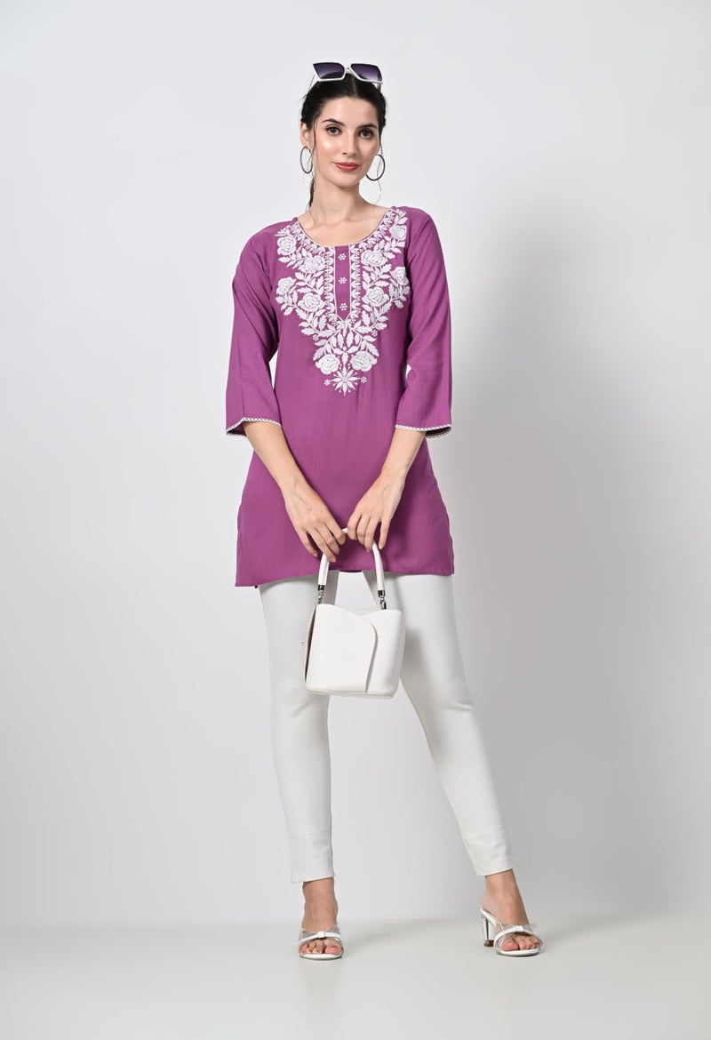 LIBOZA Store LIBOZA Kurti for Women - Short Chikankari Kurtis for Girls, Lakhnawi Tunic Top Kurta Design for Ladies, Woman Ethnic Kurthis & Shirt with Sleeve (Medium, Lavender) - Image 4