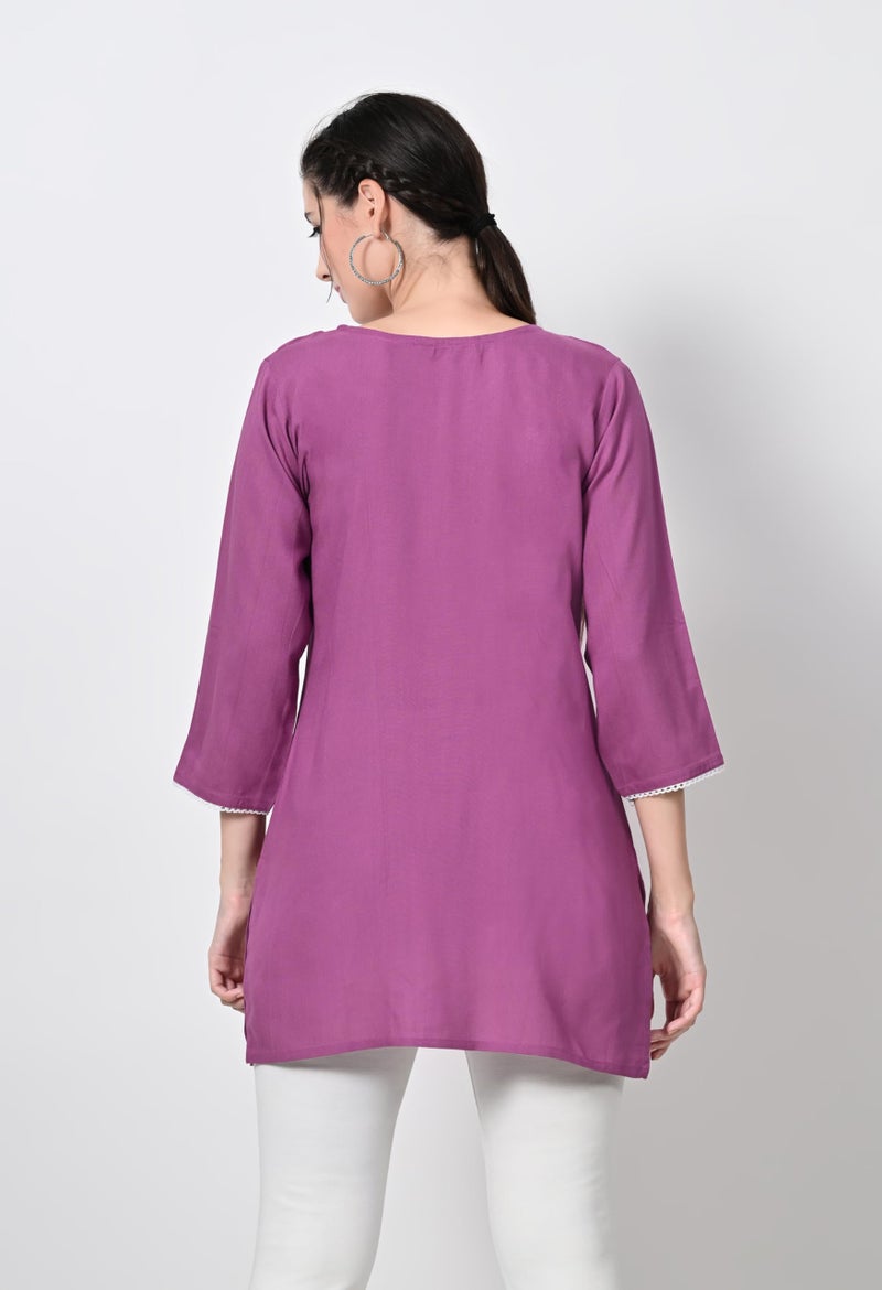 LIBOZA Store LIBOZA Kurti for Women - Short Chikankari Kurtis for Girls, Lakhnawi Tunic Top Kurta Design for Ladies, Woman Ethnic Kurthis & Shirt with Sleeve (Medium, Lavender) - Image 3
