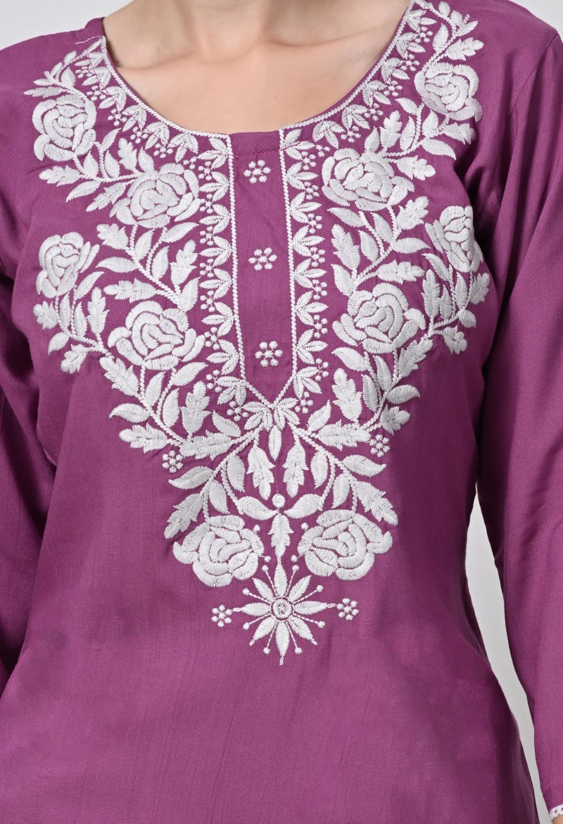 LIBOZA Store LIBOZA Kurti for Women - Short Chikankari Kurtis for Girls, Lakhnawi Tunic Top Kurta Design for Ladies, Woman Ethnic Kurthis & Shirt with Sleeve (Medium, Lavender) - Image 2