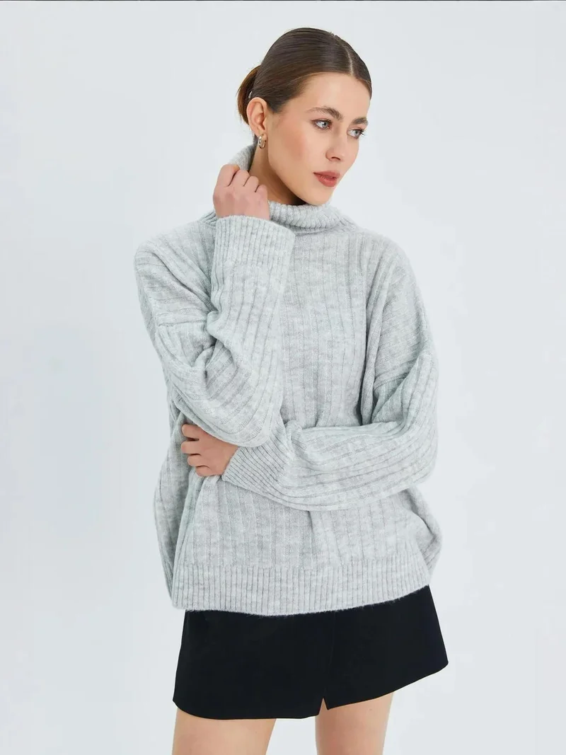Mixray Grey Mixray Oversize Ribbed Turtleneck Sweater for Women | Best Price UAE