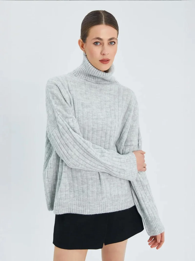 Mixray Grey Mixray Oversize Ribbed Turtleneck Sweater for Women | Best Price UAE