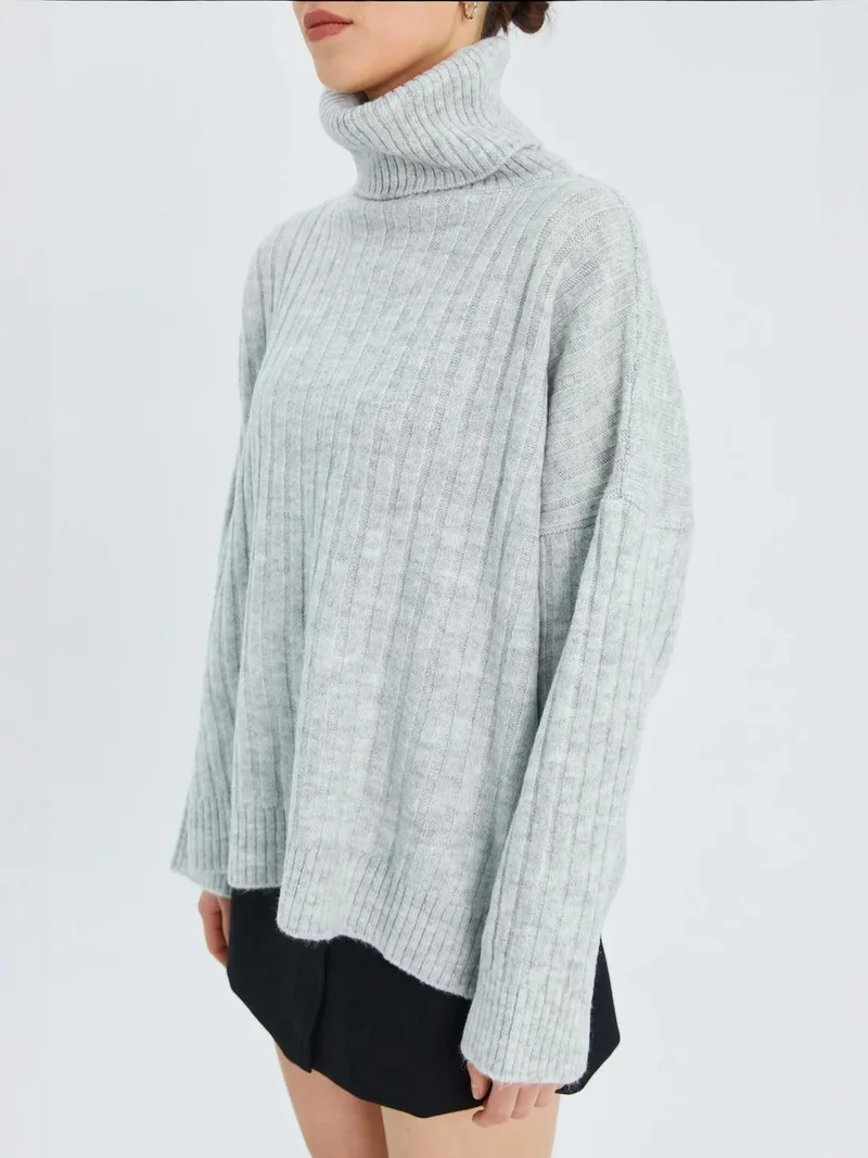 Mixray Grey Mixray Oversize Ribbed Turtleneck Sweater for Women | Best Price UAE