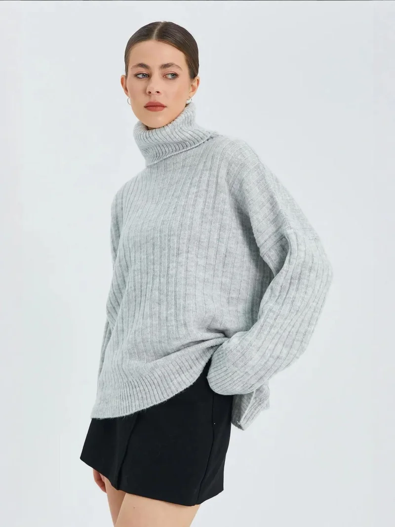 Mixray Grey Mixray Oversize Ribbed Turtleneck Sweater for Women | Best Price UAE