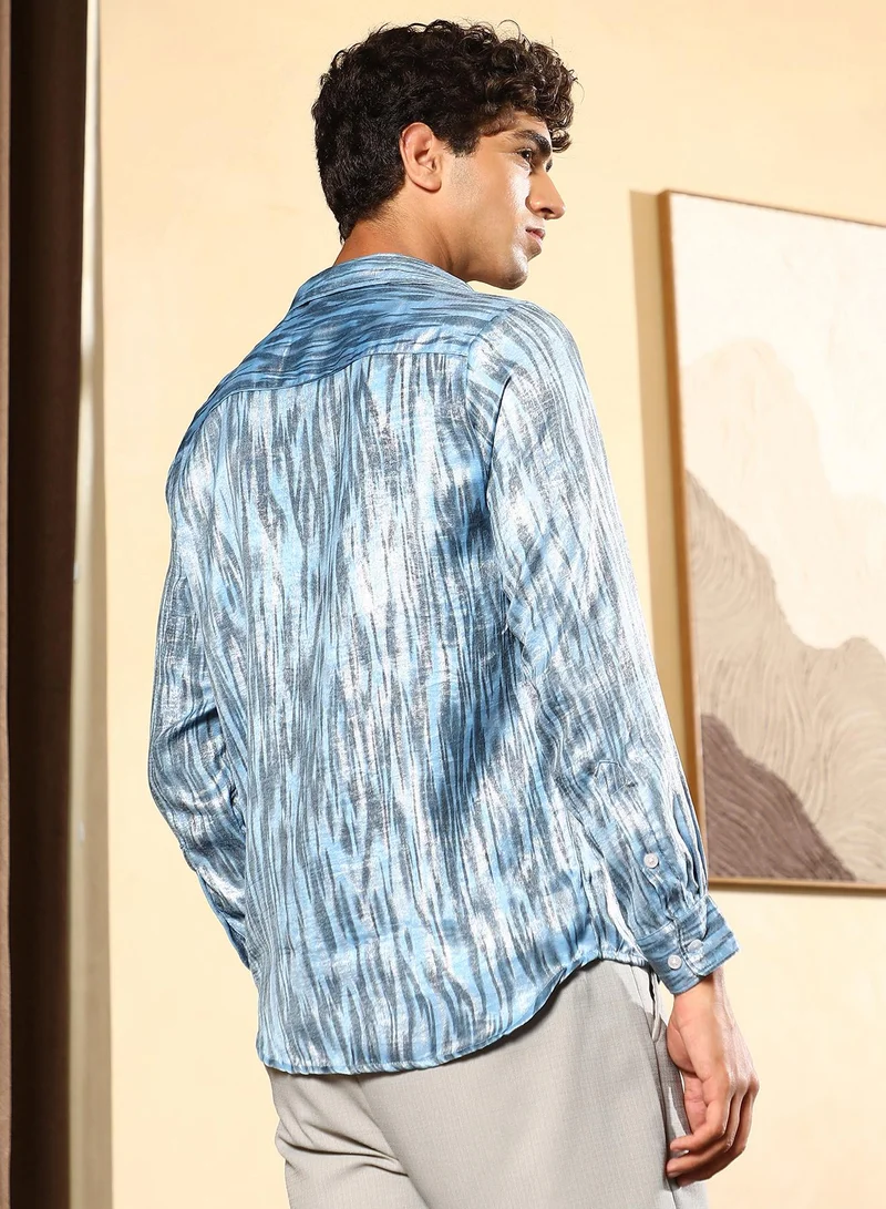 Campus Sutra Men Contrast-Abstract Imprint Shirt | Spread Collar , Long Cuffed Sleeves | Button Closure Curved Hem | Abstract Print Plain | Woven Fabric For Party & Evening Wear | Sky Blue