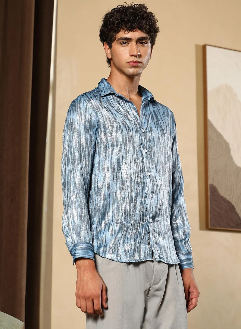 Campus Sutra Men Contrast-Abstract Imprint Shirt | Spread Collar , Long Cuffed Sleeves | Button Closure Curved Hem | Abstract Print Plain | Woven Fabric For Party & Evening Wear | Sky Blue