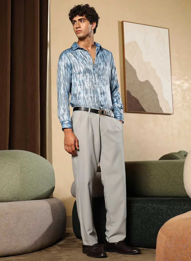 Campus Sutra Men Contrast-Abstract Imprint Shirt | Spread Collar , Long Cuffed Sleeves | Button Closure Curved Hem | Abstract Print Plain | Woven Fabric For Party & Evening Wear | Sky Blue