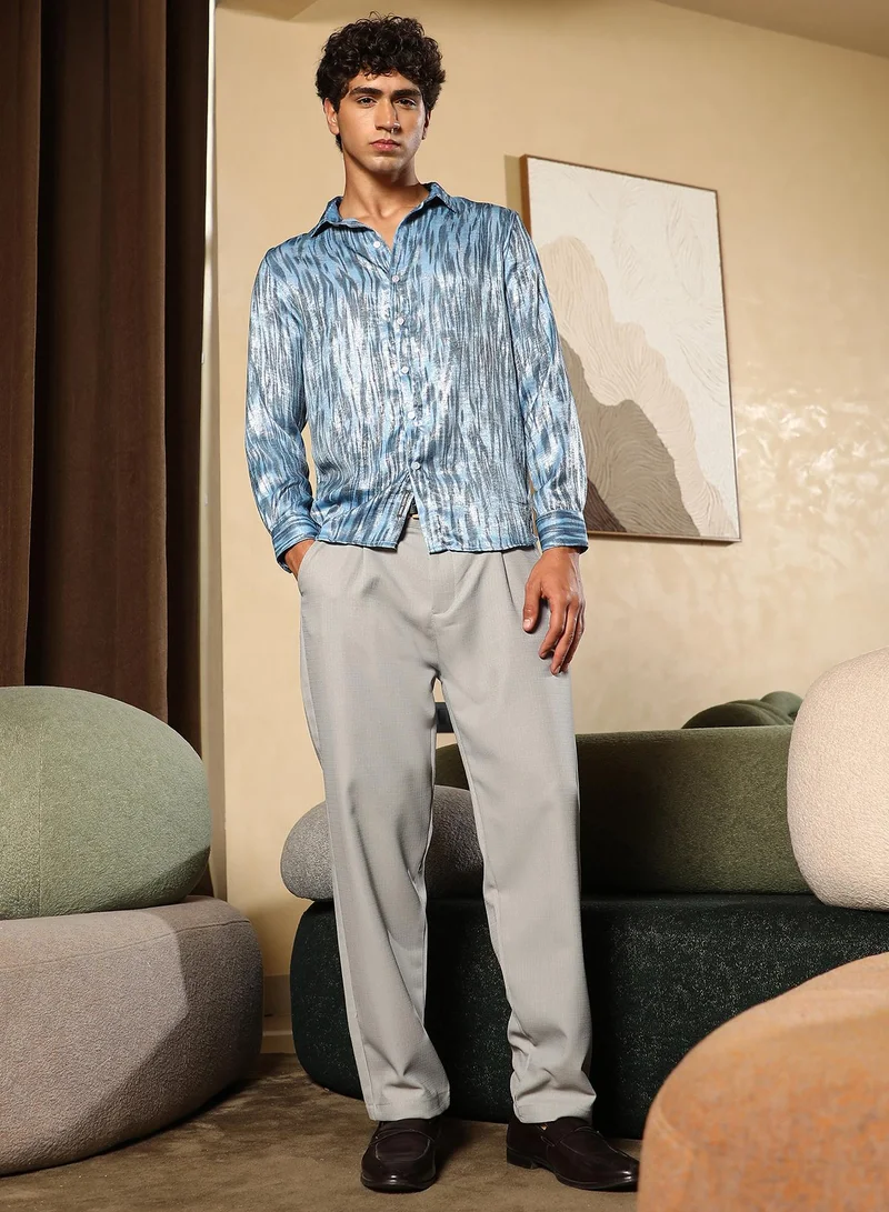 Campus Sutra Men Contrast-Abstract Imprint Shirt | Spread Collar , Long Cuffed Sleeves | Button Closure Curved Hem | Abstract Print Plain | Woven Fabric For Party & Evening Wear | Sky Blue