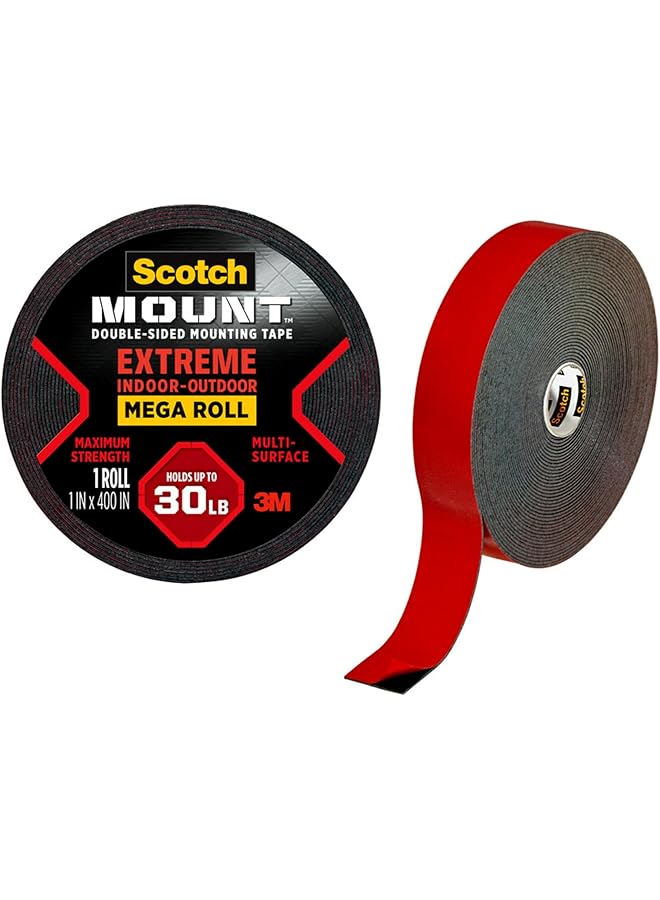 Scotch  Mount Extreme Tape Mega Roll 1 In X 400 In. 25.4Mm X 10.16M 1 Roll Pack 1.5 M Holds Up 13.6 Kg Black Color Higher Adhesion Multi Surface No Tools Double Sided Adhesive Tape - Image 1