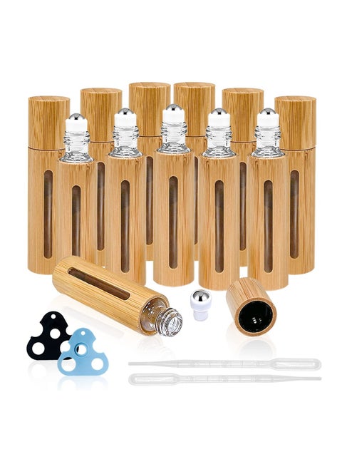 12Pcs 10ml Bamboo Roll on Bottles for Essential Oils, Refillable Perfume Sample Bottles With Stainless Steel Roller, Essential Oil Roller Bottles with 2Pcs 3ml Funnels and Random Color of 2Pcs Openers