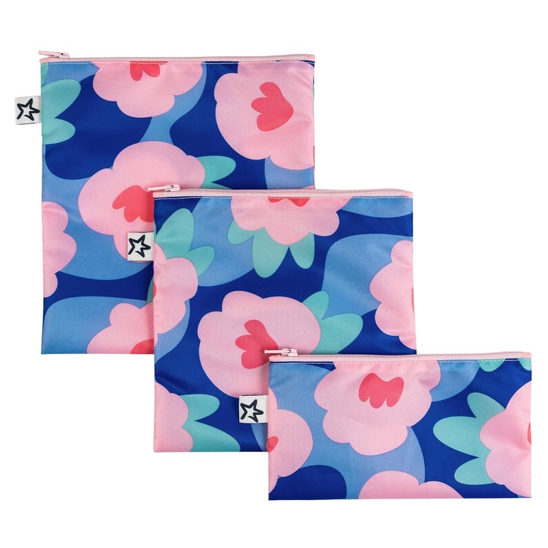 Tiny Twinkle Reusable Snack Bags for Kids – 3 Pack Snack Pouches & Sandwich Bag for Toddlers – Machine Washable, Mess-Proof for Lunch & Travel (Blue Floral) - Image 1