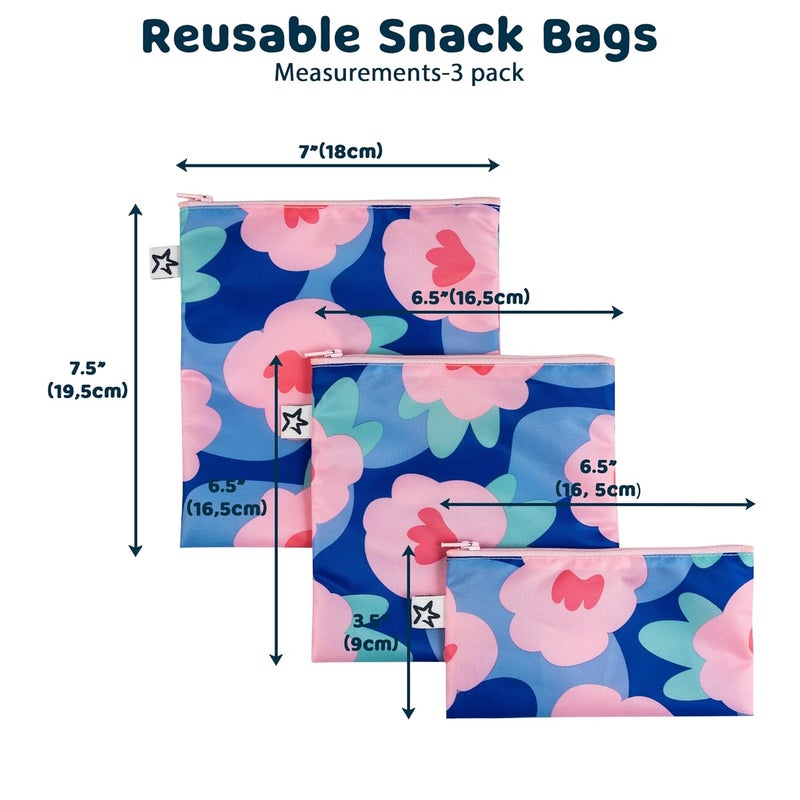 Tiny Twinkle Reusable Snack Bags for Kids – 3 Pack Snack Pouches & Sandwich Bag for Toddlers – Machine Washable, Mess-Proof for Lunch & Travel (Blue Floral) - Image 2
