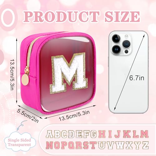 Iqimott Mini Clear Personalized Initial Makeup BagNylon Preppy AZ Chenille Letter Patch Zipper Cosmetic Bag Small Cute Beach Pouch Travel Purse Sanitary Napkin Storage Bag for Women GirlsHot PinkWhite M - Image 3