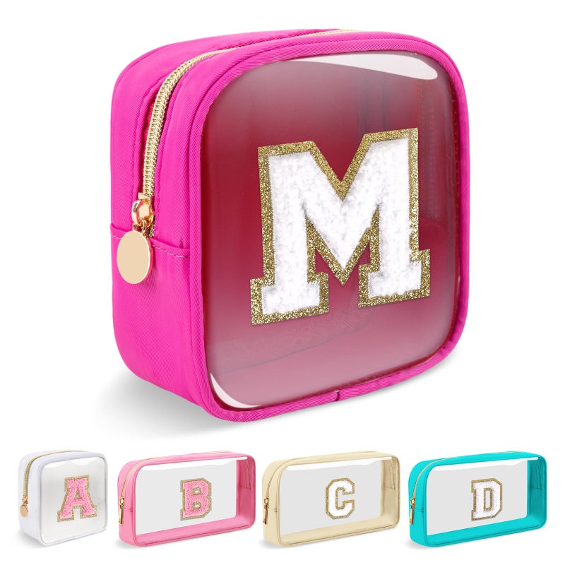 Iqimott Mini Clear Personalized Initial Makeup BagNylon Preppy AZ Chenille Letter Patch Zipper Cosmetic Bag Small Cute Beach Pouch Travel Purse Sanitary Napkin Storage Bag for Women GirlsHot PinkWhite M - Image 2