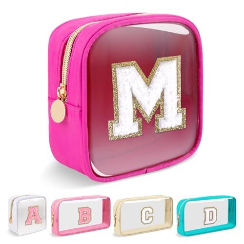 Iqimott Mini Clear Personalized Initial Makeup BagNylon Preppy AZ Chenille Letter Patch Zipper Cosmetic Bag Small Cute Beach Pouch Travel Purse Sanitary Napkin Storage Bag for Women GirlsHot PinkWhite M - Image 1