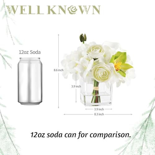 WELL KNOWN Artificial Flowers with Fake Water in Glass Vase White Fake Hydrangea Ranunculus Green Orchid Silk Fake Flower Centerpiece for Home Coffee Dining Table Office Decor Moms Gift - Image 3