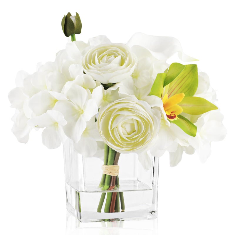 WELL KNOWN Artificial Flowers with Fake Water in Glass Vase White Fake Hydrangea Ranunculus Green Orchid Silk Fake Flower Centerpiece for Home Coffee Dining Table Office Decor Moms Gift - Image 2