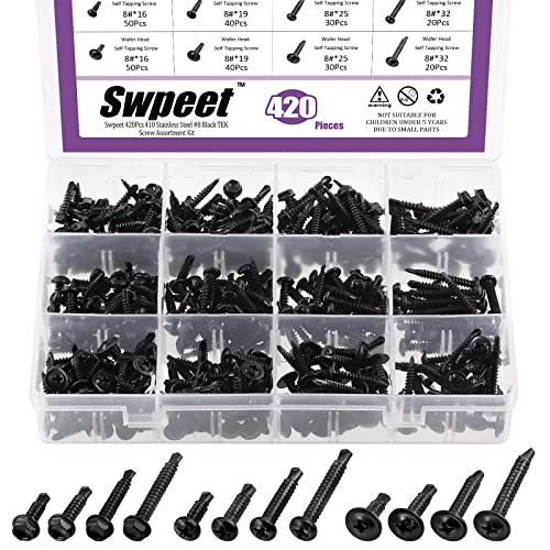 Swpeet 420Pcs Black 3 Types Head 410 Stainless Steel 8 Pan Head Hex Washer Head Wafer Head Self Drilling Screws Assortment Kit Self Drilling Sheet Metal Screws Head Self Tapping Screws - Image 1