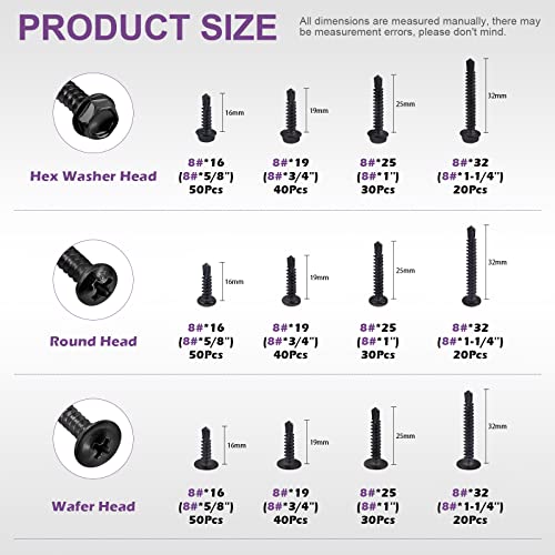 Swpeet 420Pcs Black 3 Types Head 410 Stainless Steel 8 Pan Head Hex Washer Head Wafer Head Self Drilling Screws Assortment Kit Self Drilling Sheet Metal Screws Head Self Tapping Screws - Image 3