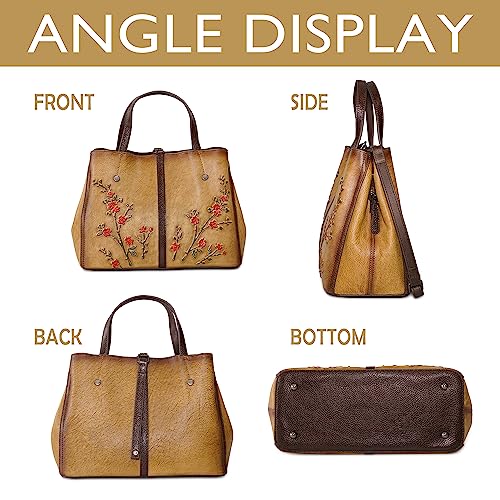 SHARPAD Genuine Leather Satchel for Women Top Handle Bags Handmade Purse Vintage Embossed Leather Crossbody Handbags Hobo Bag (Yellow-2) - Image 3