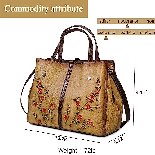 SHARPAD Genuine Leather Satchel for Women Top Handle Bags Handmade Purse Vintage Embossed Leather Crossbody Handbags Hobo Bag (Yellow-2) - Image 2