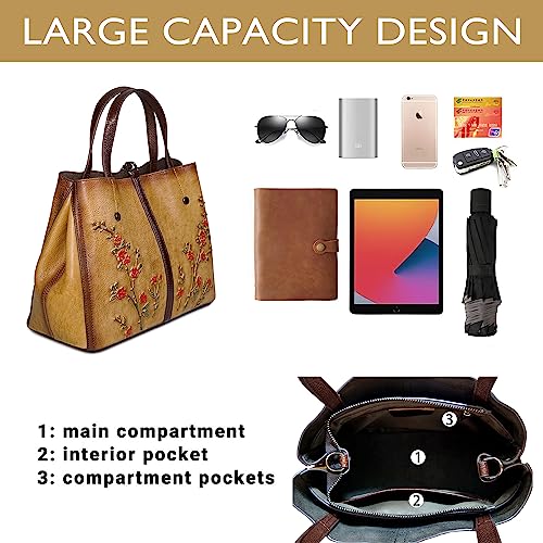 SHARPAD Genuine Leather Satchel for Women Top Handle Bags Handmade Purse Vintage Embossed Leather Crossbody Handbags Hobo Bag (Yellow-2) - Image 5
