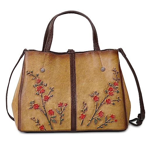 SHARPAD Genuine Leather Satchel for Women Top Handle Bags Handmade Purse Vintage Embossed Leather Crossbody Handbags Hobo Bag (Yellow-2) - Image 1