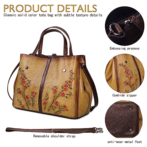 SHARPAD Genuine Leather Satchel for Women Top Handle Bags Handmade Purse Vintage Embossed Leather Crossbody Handbags Hobo Bag (Yellow-2) - Image 4