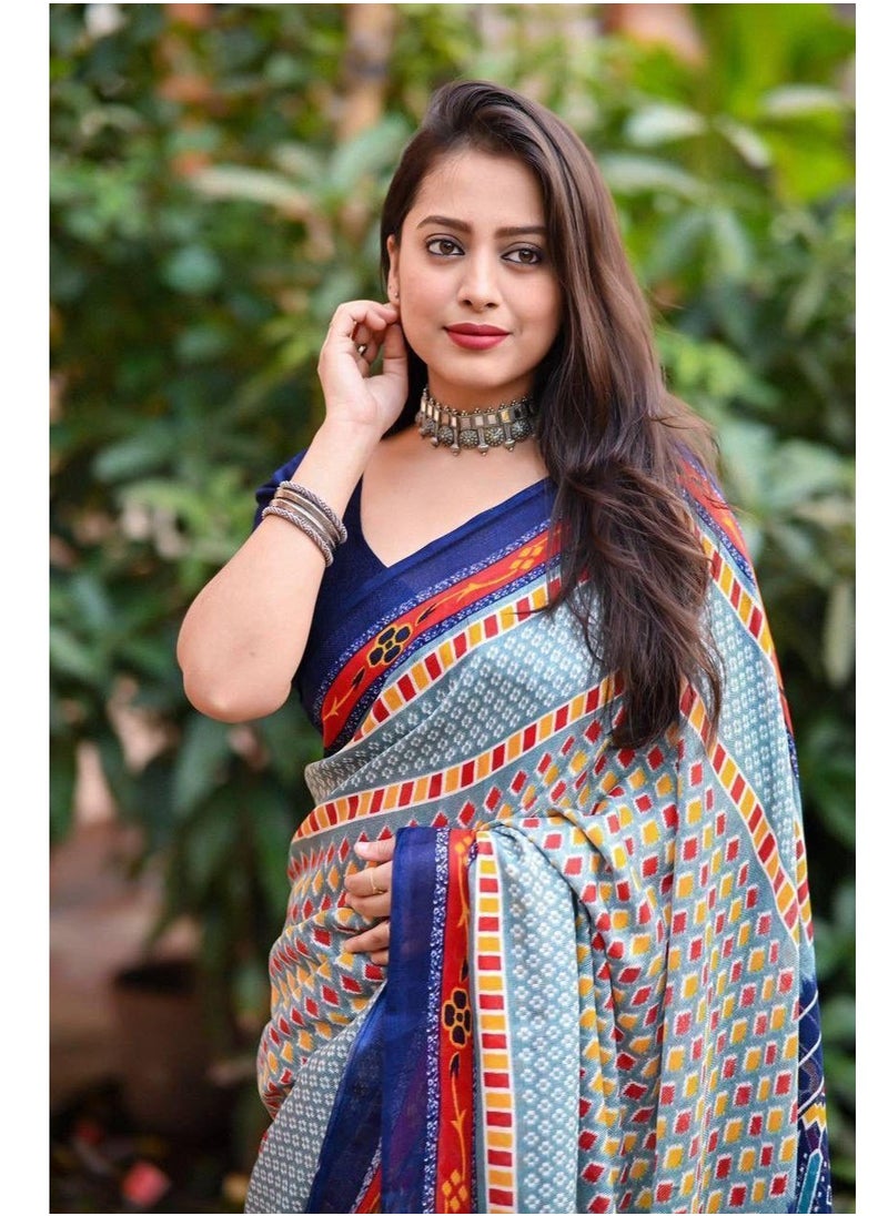 Grab Mantra Jute Silk Light Blue Multicolour Digital Design Printed Saree Plus Unstitched Blouse  - Image 2