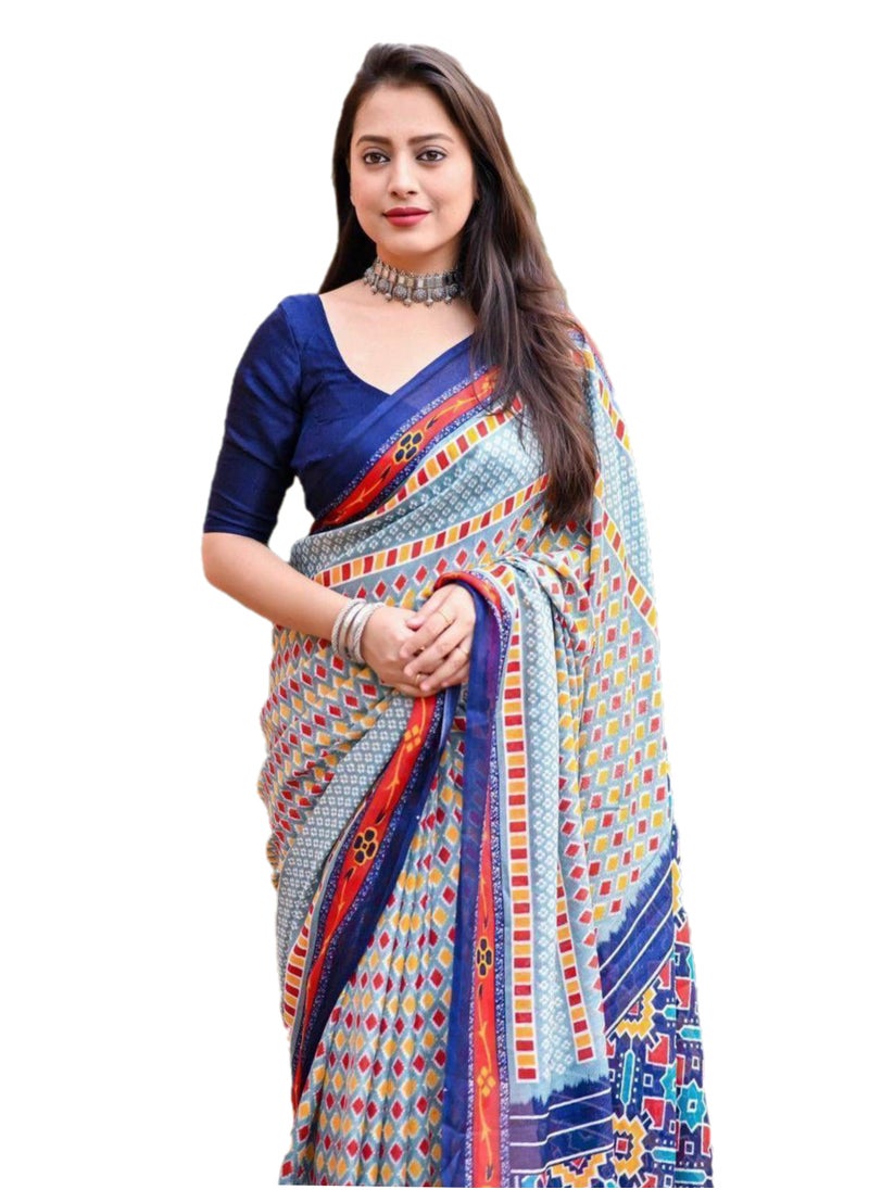 Grab Mantra Jute Silk Light Blue Multicolour Digital Design Printed Saree Plus Unstitched Blouse  - Image 1