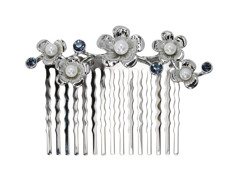 Faship Gorgeous Navy Blue Crystal Mother Of Pearls Floral Hair Comb