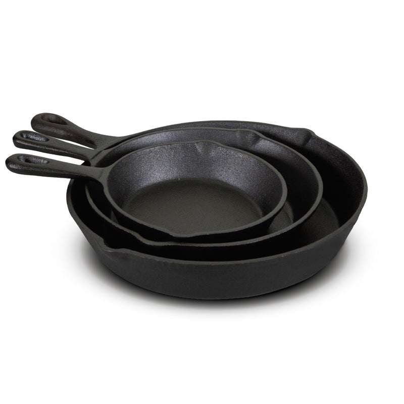 Jim Beam Jim Beam HEA Set of 3 Pre Seasoned Cast Iron Skillets with Even Distribution and Heat Retention6 8 10 10 BlackJB0195 