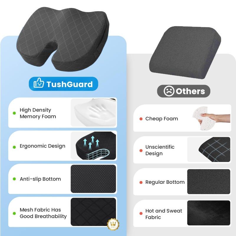 Tushguard Seat Cushion - Memory Foam Cushion For Office Chair  Car Seat  Airplane  Bleacher - Sciatica & Hip & Coccyx Pain Relief Desk Chair Cushion For Long Sitting Office Workers  Car Drivers - Image 5