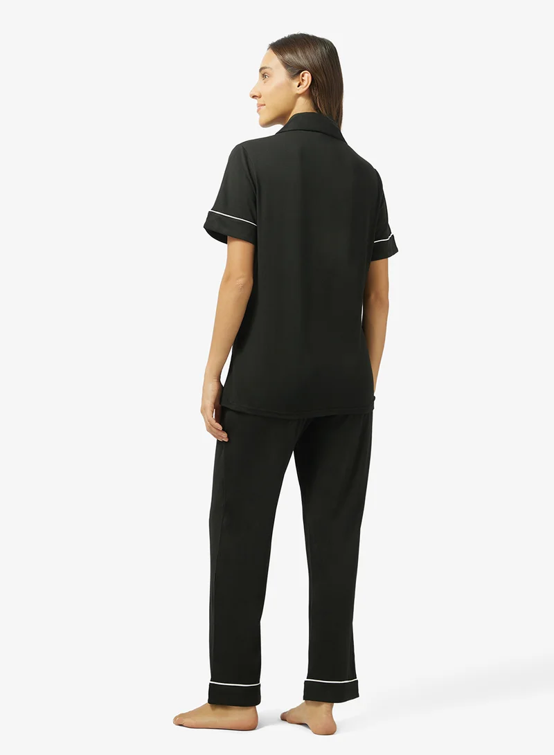 Ginger Button Up Shirt & Pyjama Set with Contrast Trim